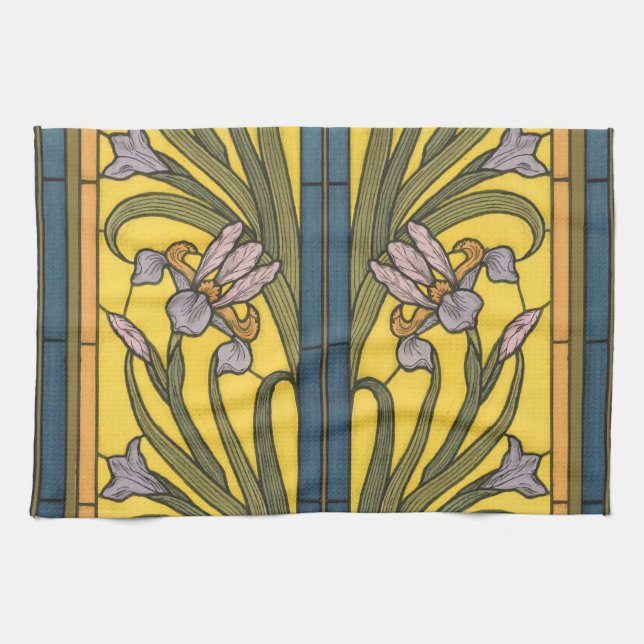 Iris Flower Art Nouveau Stained Glass Blue Gold Tea Towel (Horizontal)