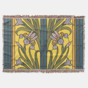 Iris Flower Art Nouveau Stained Glass Blue Gold Throw Blanket