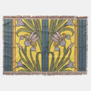 Iris Flower Art Nouveau Stained Glass Blue Gold Throw Blanket