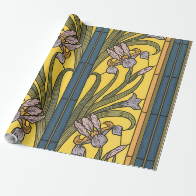 Iris Flower Art Nouveau Stained Glass Blue Gold Wrapping Paper (Unrolled)