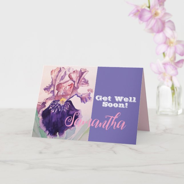 Iris Flower Get Well Soon Womans Name Card (Orchid)