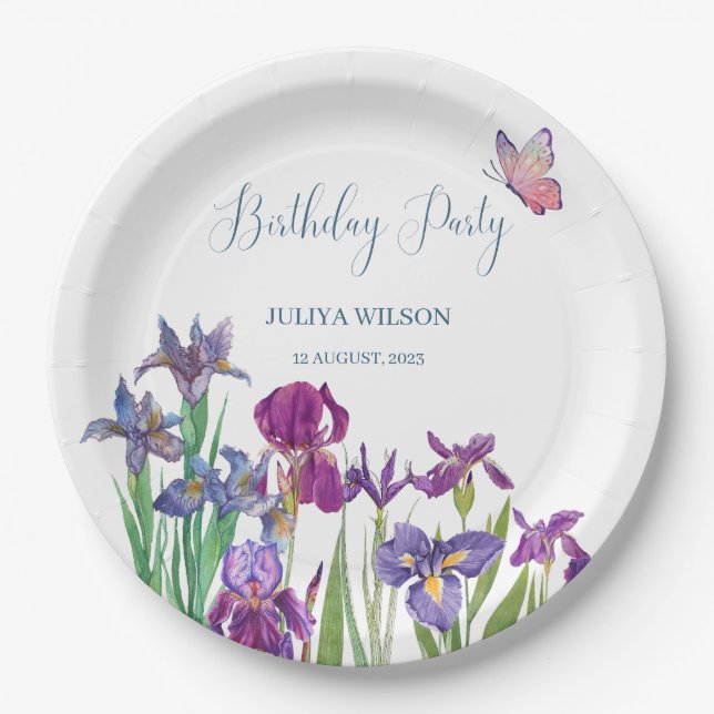 Iris flowers Birthday Party  Paper Plate (Front)