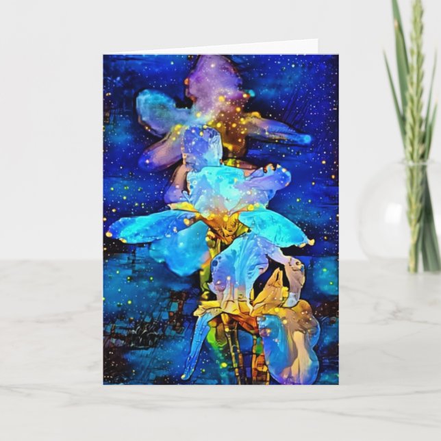 Iris Flowers Blue Floral Fantasy Art Note Card (Front)