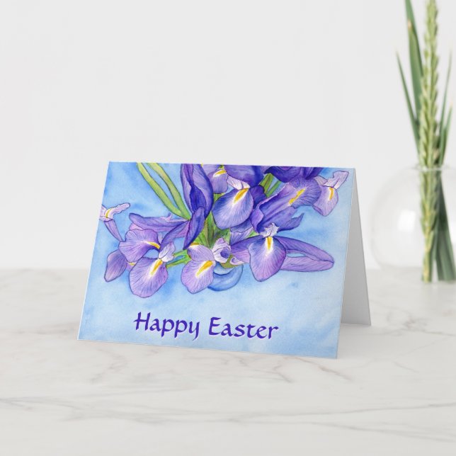Iris Flowers "Happy Easter" Custom Greeting Card (Front)