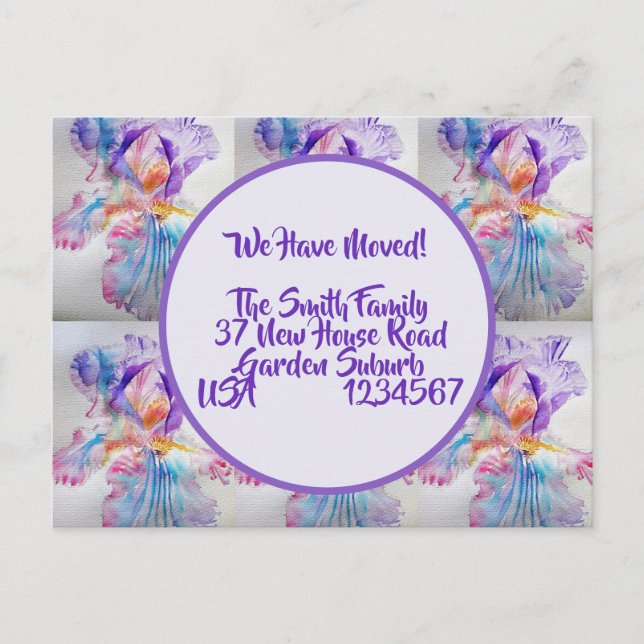 Iris Flowers New Address Postcard, We Are Moving Postcard (Front)