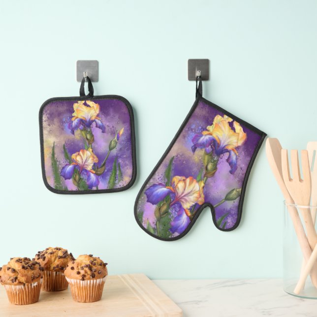 Iris Flowers Oven Mitt & Pot Holder Set (Insitu(Hanging))