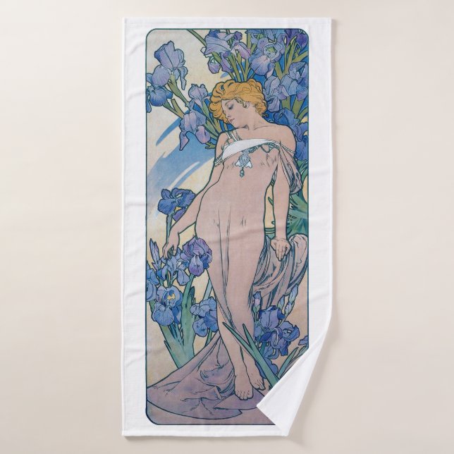 Iris (Four Flowers), Alphonse Mucha Bath Towel (Bath Towel)