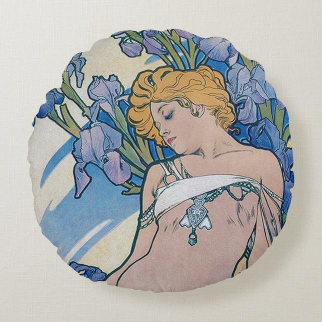 Iris (Four Flowers), Alphonse Mucha Throw Pillow (Front)