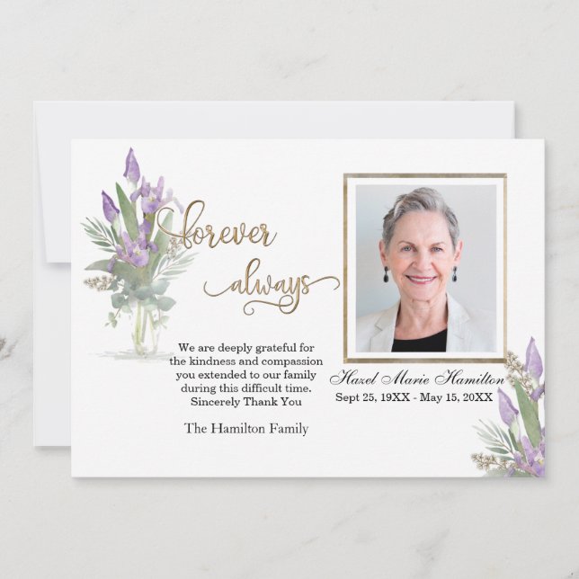 Iris - Gold Sympathy Thank You Personalised Photo Card (Front)