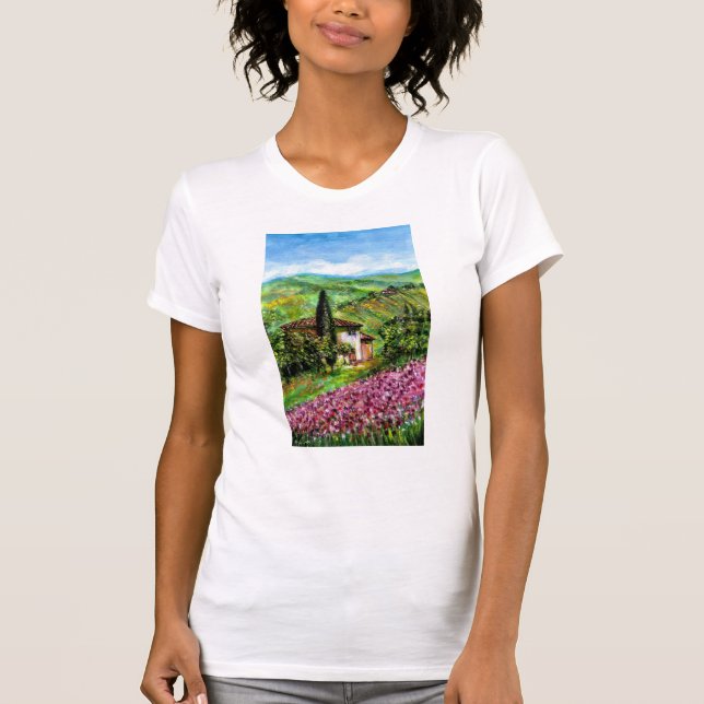 IRIS IN TUSCANY /Green Purple Flower Fields T-Shirt (Front)