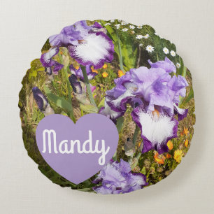 Iris Irises Purple Flower Birthday Girls Name Round Cushion