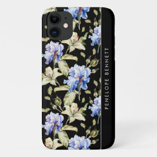 Iris & Lily Garden on Black Floral   Monogram Case-Mate iPhone Case