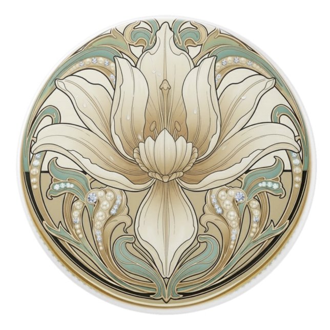 Iris Lily Sage Green Cream Gold Art Deco Nouveau Ceramic Knob (Front)