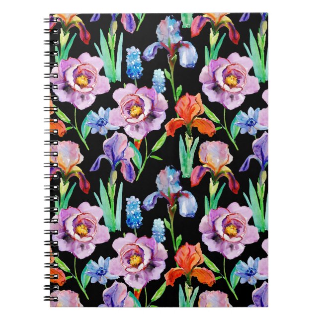 Iris Peony Watercolor Floral Pattern Notebook (Front)