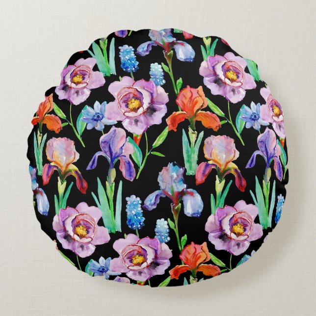 Iris Peony Watercolor Floral Pattern Round Cushion (Front)