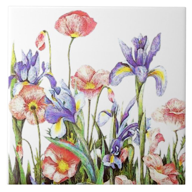 Iris & Poppy Flowers Watercolor Floral Tile (Front)