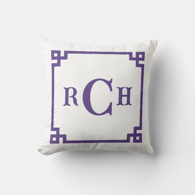 Iris Purple Chinoiserie Greek Key Monogram Cushion (Front)