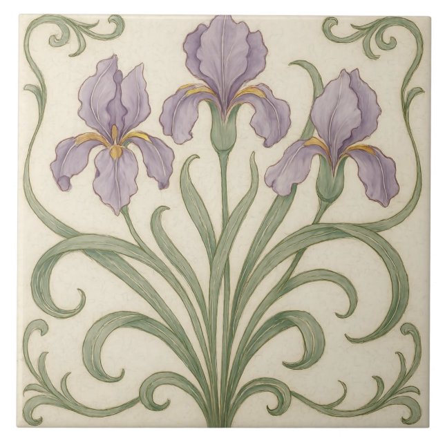 Iris Reverie: Nouveau Botanical Ceramic Tile (Front)