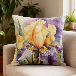 Iris Schwertlilie lila orange - Aquarell-Design    Cushion