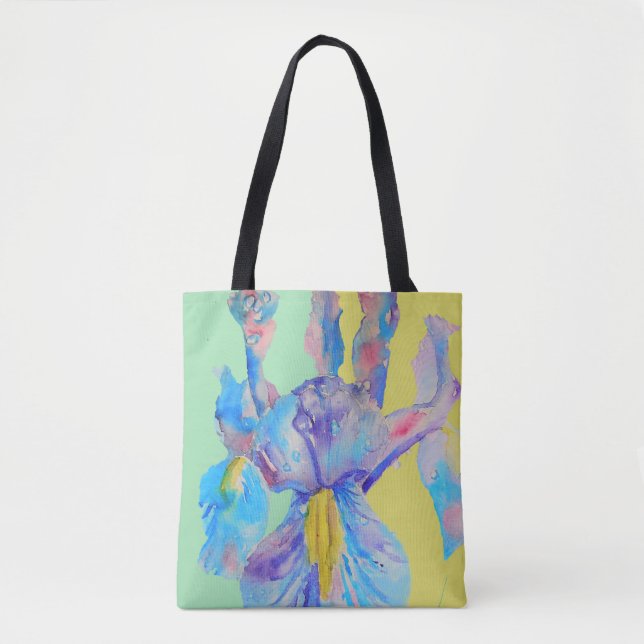 Iris Watercolor Blue Flower Floral Tote Bag (Front)