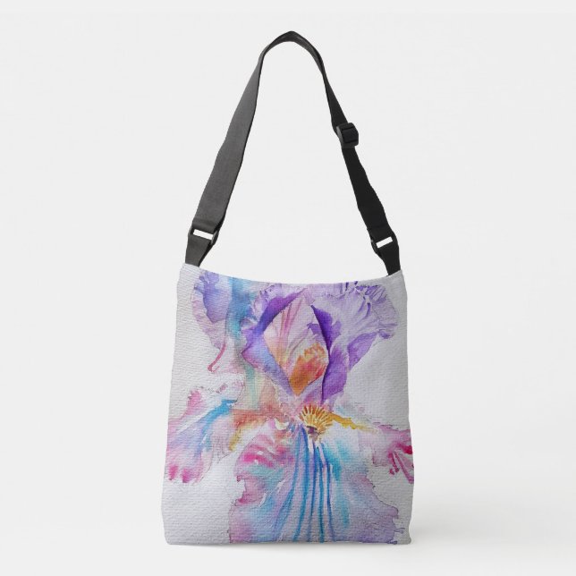 Iris Watercolor Purple Floral Tote Crossbody Bag (Front)
