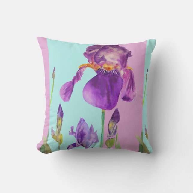 Iris Watercolor Purple Flower floral Decor Cushion (Front)