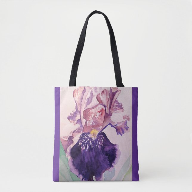 Iris Watercolor Purple Flower Floral Tote Bag (Front)