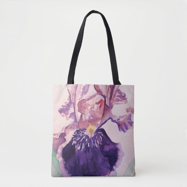 Iris Watercolor Purple Flower Floral Tote Bag (Front)