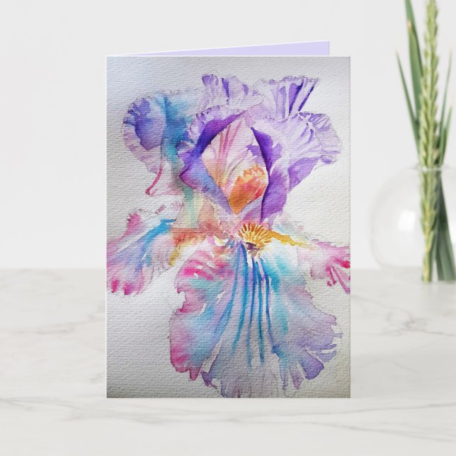 Iris Watercolour Purple Blue Birthday Card (Front)