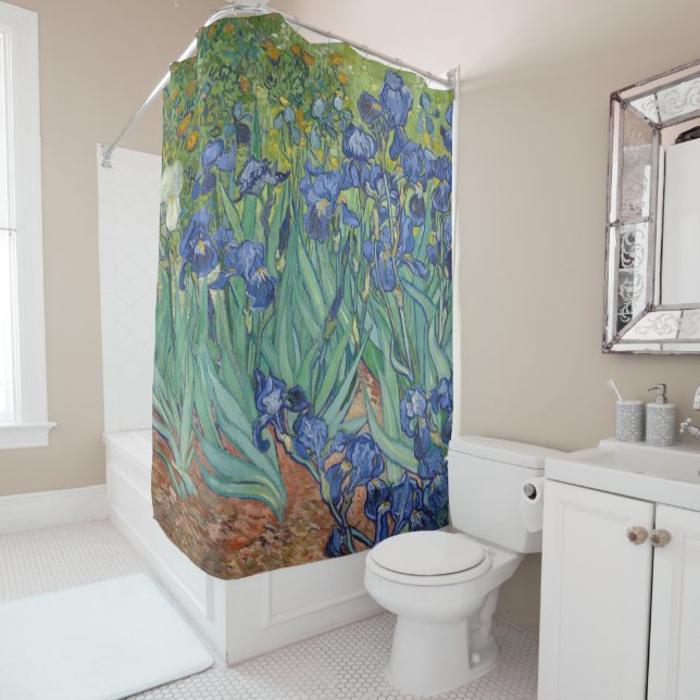 Irises Blue Green Yellow Van Gogh Inspired Shower Curtain (In Situ)
