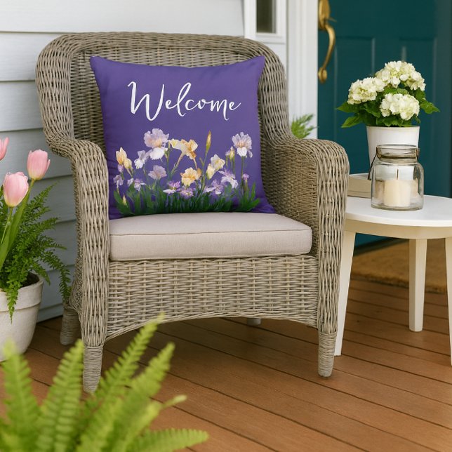 Irises Floral Purple Welcome  Cushion (create cozy outdoors ambiance with porch throw pillows .)