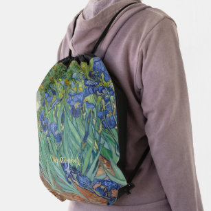 Irises Flowers Van Gogh Floral Art Monogrammed Drawstring Bag