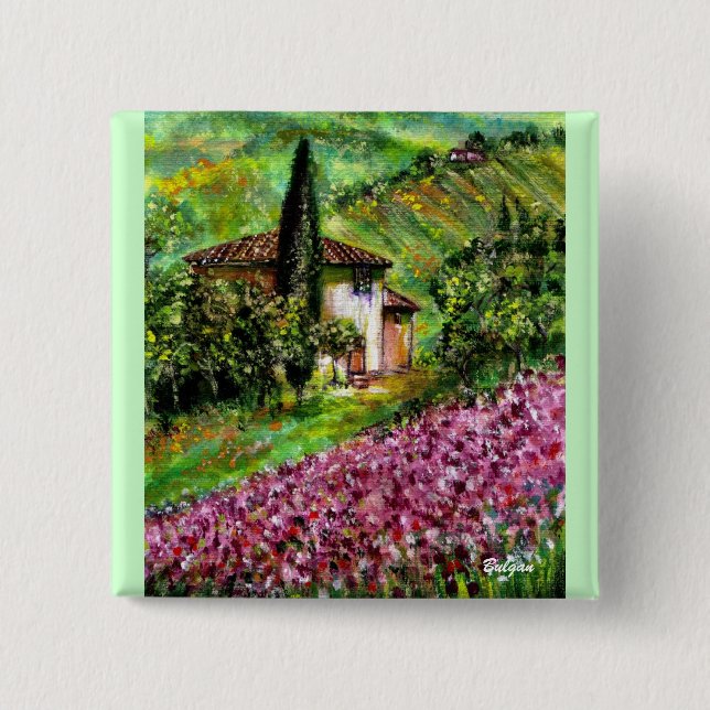 IRISES IN TUSCANY 15 CM SQUARE BADGE (Front)