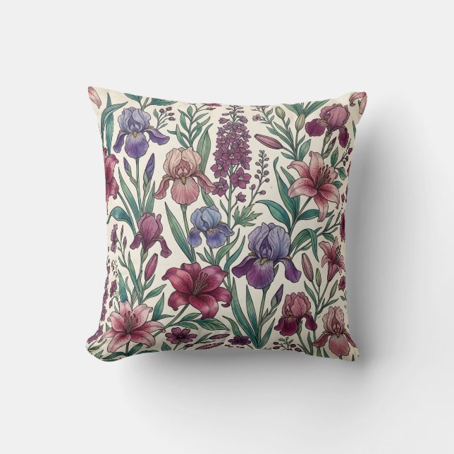 Irises Throw Pillow Boho Linework (Front)