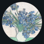 Irises | Vincent van Gogh Classic Round Sticker<br><div class="desc">Irises (1890) | Original artwork by Dutch post-impressionist artist Vincent Van Gogh (1853-1890). The painting depicts a still life with a full bouquet of blue flowers on a green tabletop against a creamy white background.

Use the design tools to add custom text or personalise the image.</div>