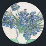 Irises | Vincent van Gogh Classic Round Sticker<br><div class="desc">Irises (1890) | Original artwork by Dutch post-impressionist artist Vincent Van Gogh (1853-1890). The painting depicts a still life with a full bouquet of blue flowers on a green tabletop against a creamy white background.

Use the design tools to add custom text or personalise the image.</div>