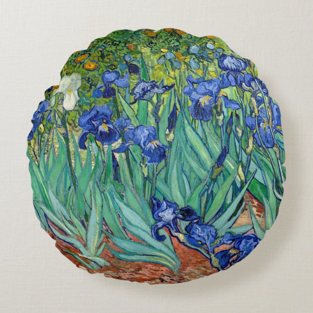 Irises Vincent van Gogh Flowers Painting Throw Round Cushion (Front)
