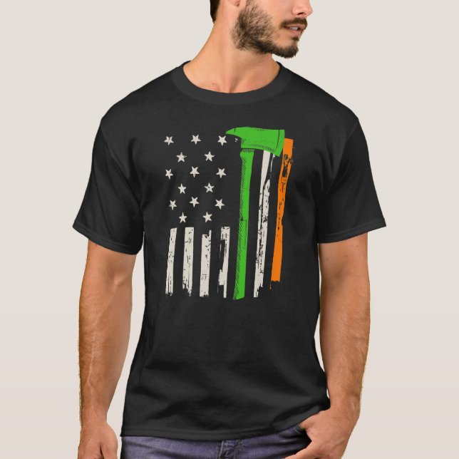 Irish American Firefighter Flag and Ax  T-Shirt (Front)