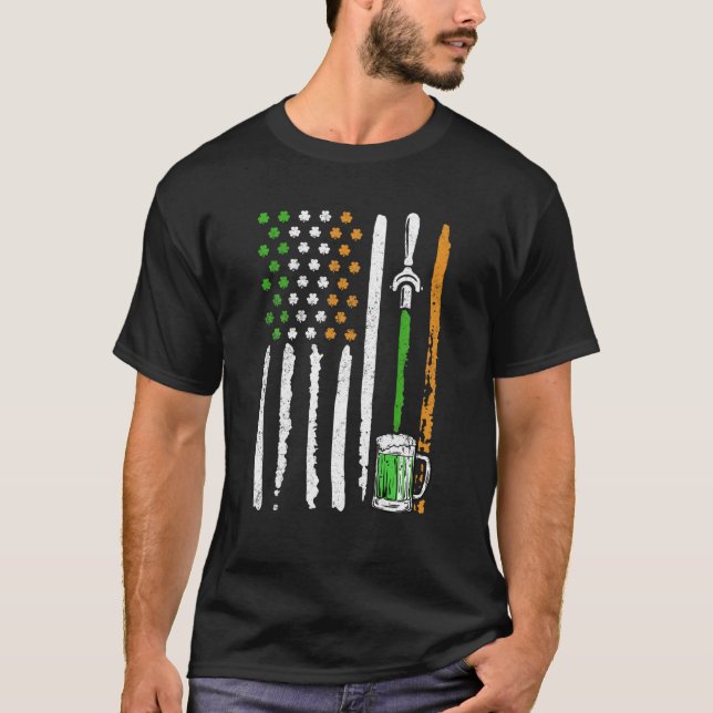 Irish American Flag Draft Beer Shamrock St Patrick T-Shirt (Front)