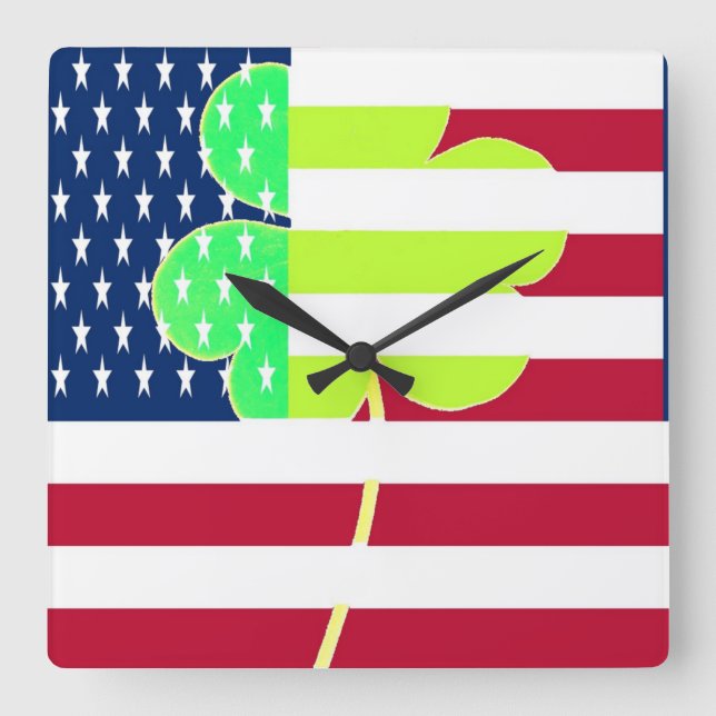 Irish American Flag Shamrock Clover St. Patrick Square Wall Clock (Front)