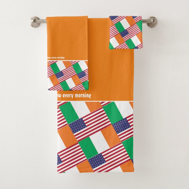 IRISH AMERICAN FLAGS Personalised Scripture ORANGE Bath Towel Set (Insitu)