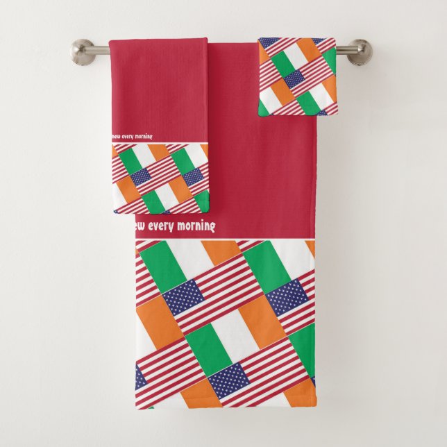 IRISH AMERICAN FLAGS Personalised Scripture RED Bath Towel Set (Insitu)