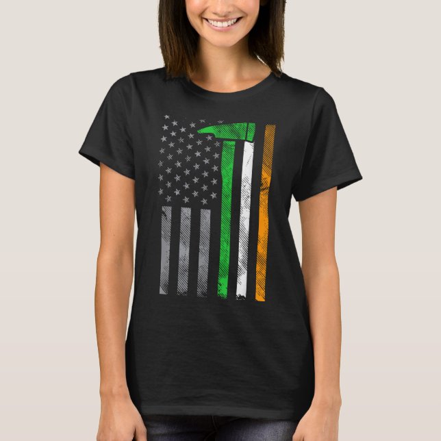 Irish American Us Flag Firefighter Axe Fire St Pat T-Shirt (Front)