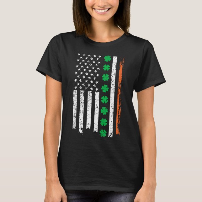 Irish American USA Flag w Irish Shamrocks T-Shirt (Front)
