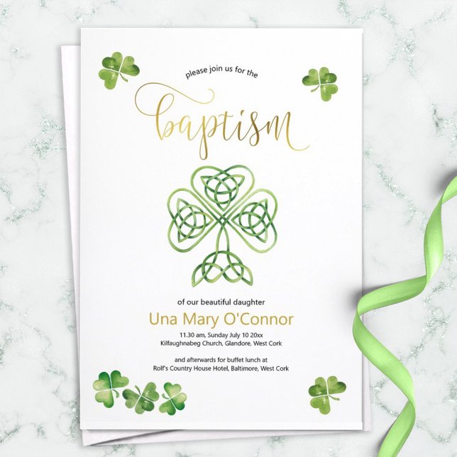 Irish Baby Baptism Celtic Knot & Gold Script Invitation (Creator Uploaded)