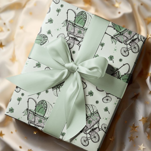 Irish Baby Carriage St Patrick's Day Baby Shower Wrapping Paper (Elegant Irish / St Patrick's Day Baby Shower Design. Irish Vintage Baby Carriage & Green Shamrocks.)
