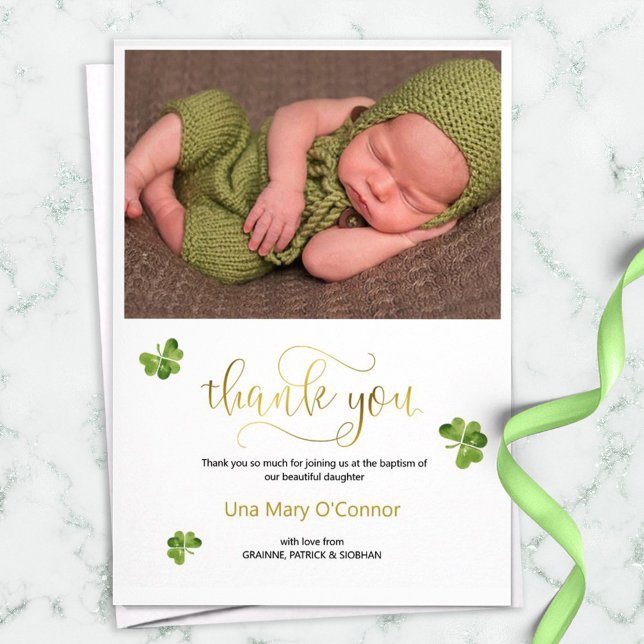 Irish baby Shamrock Thank You baptism, green gold (Creator Uploaded)