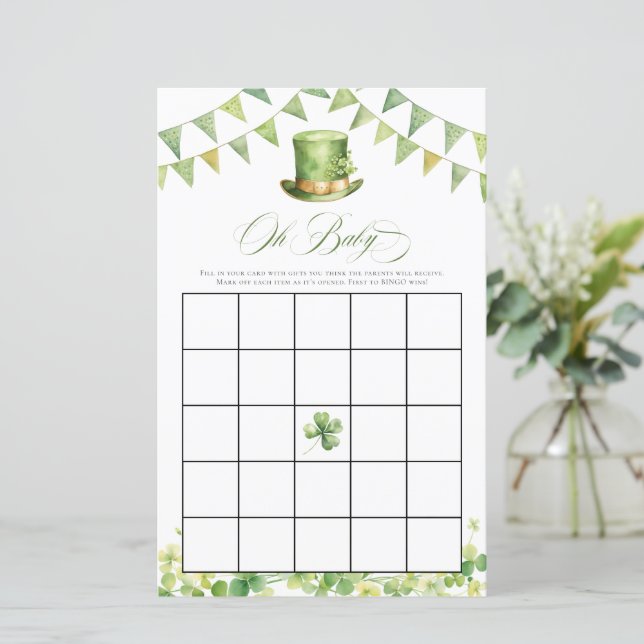 Irish Baby Shower Bingo Green Shamrock Card (Standing Front)