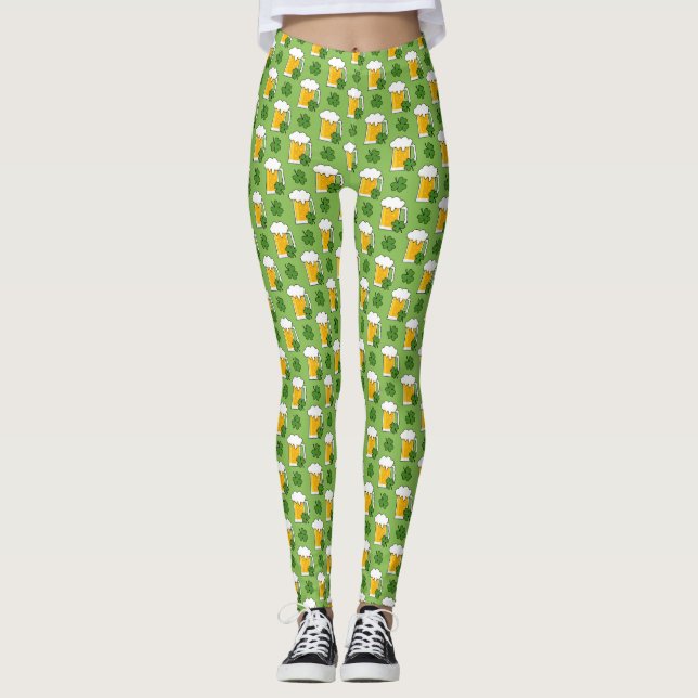 Irish Beer Mug with Shamrock Clover Pattern Leggings (Front)