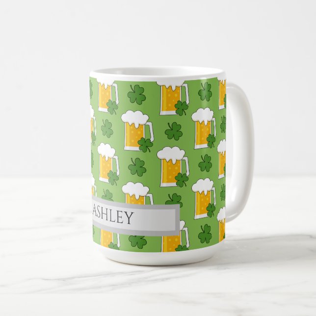 Irish Beer Mug with Shamrock Clover | Personalise (Front Right)